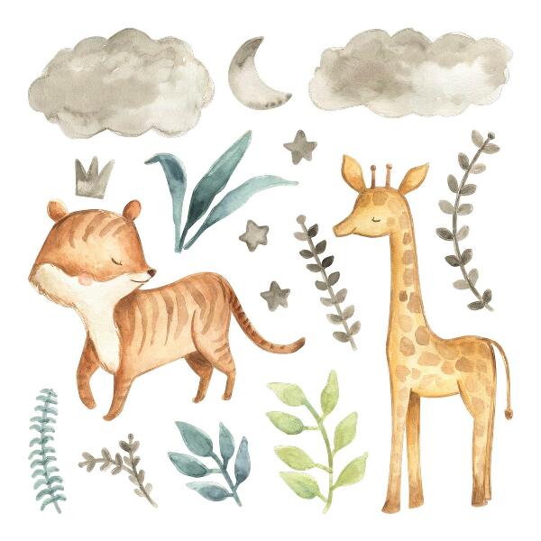 Autocollant mural 80x132 Plantes et safari aux tons pastel