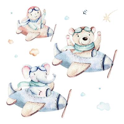 Autocollant mural 80x123 Ours en peluche éléphant et garçon dans des avions pastel