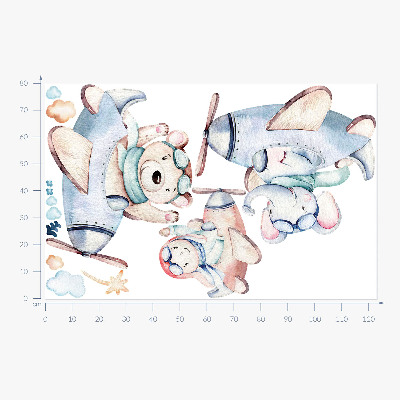 Autocollant mural 80x123 Ours en peluche éléphant et garçon dans des avions pastel