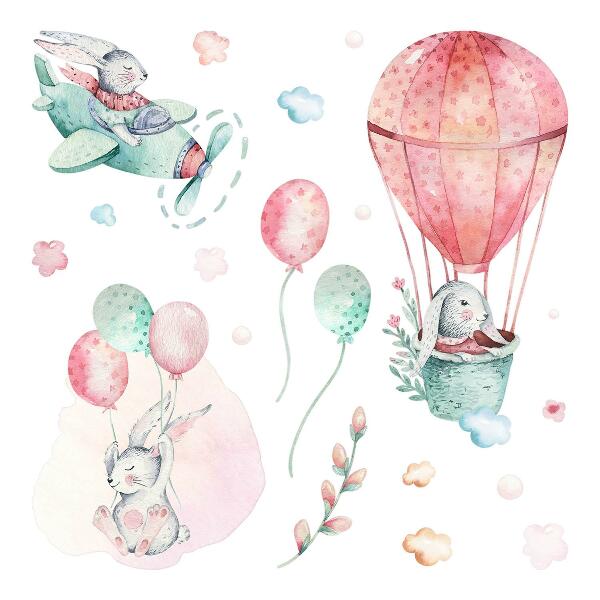 Autocollant mural 80x94 Des lapins dans un paradis bohème pastel