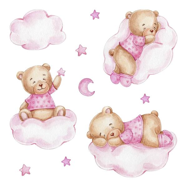 Autocollant mural 80x116 Ours en peluche mignons sur des nuages aux pastels aquarellés