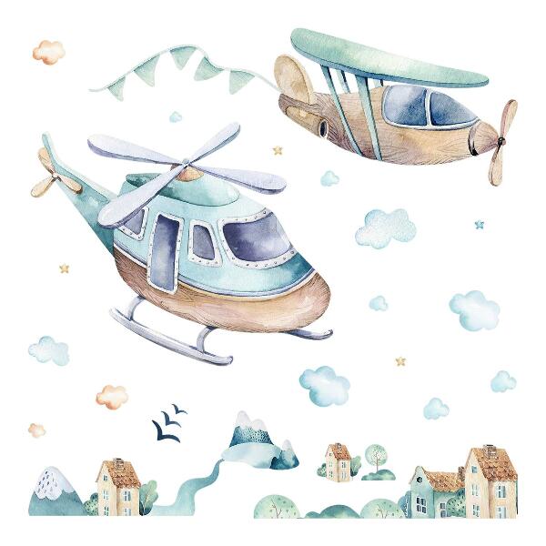 Autocollant mural 80x116 Hélicoptère et avion dans une ville pastel