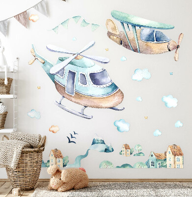 Autocollant mural 80x116 Hélicoptère et avion dans une ville pastel