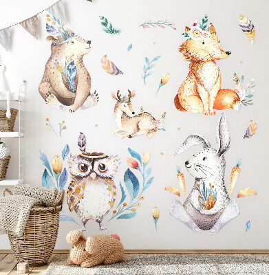 Autocollant mural 80x96 Animaux de la forêt aux couleurs pastel dans un style bohème