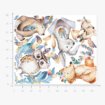 Autocollant mural 80x96 Animaux de la forêt aux couleurs pastel dans un style bohème