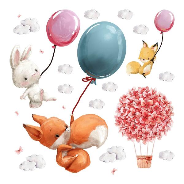 Autocollant mural 80x102 De mignons animaux en ballon dans un ciel pastel