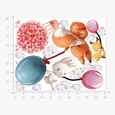 Autocollant mural 80x102 De mignons animaux en ballon dans un ciel pastel
