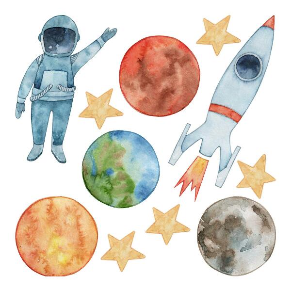 Autocollant mural 80x143 Planètes spatiales avec astronaute et fusée aquarelle