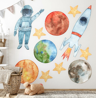 Autocollant mural 80x143 Planètes spatiales avec astronaute et fusée aquarelle