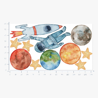 Autocollant mural 80x143 Planètes spatiales avec astronaute et fusée aquarelle