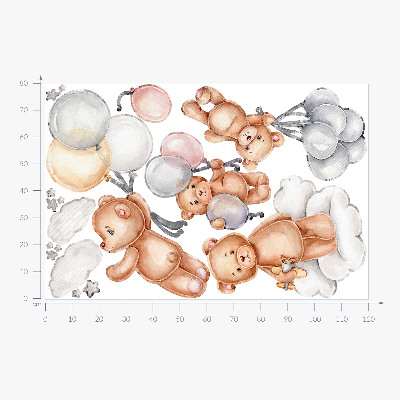 Autocollant mural 80x120 Ours en peluche mignons avec des ballons dans les nuages pastel