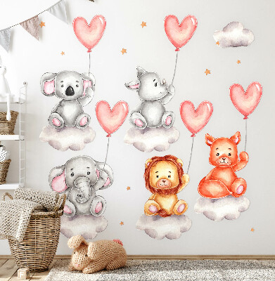 Autocollant mural 80x120 Animaux mignons sur des nuages avec des ballons pastel