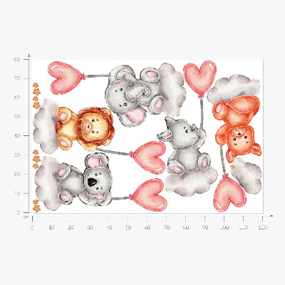 Autocollant mural 80x120 Animaux mignons sur des nuages avec des ballons pastel