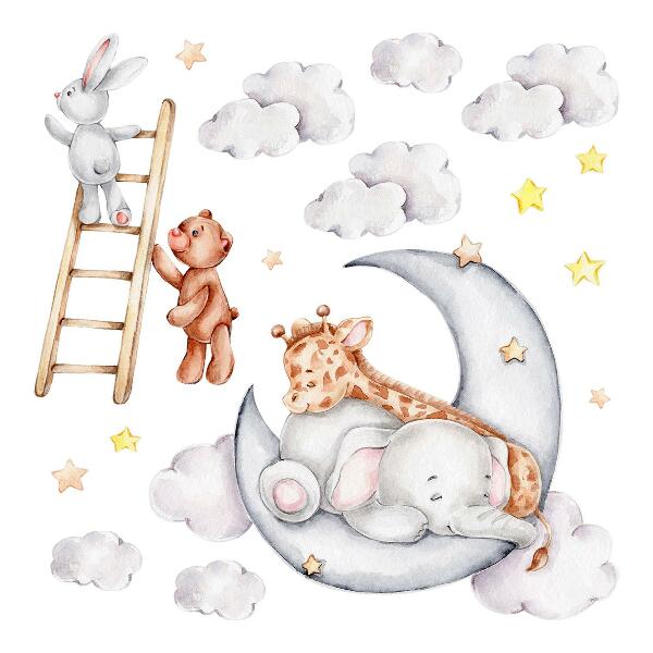 Autocollant mural 80x109 Animaux pastel dans les nuages et les étoiles