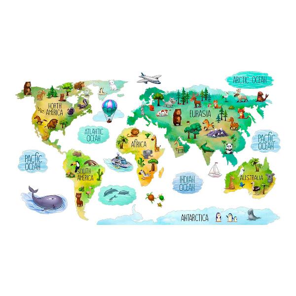 Autocollant mural 80x125 Carte du monde colorée avec continents et nature