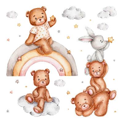 Autocollant mural 80x116 Des ours en peluche et un lapin dans un arc-en-ciel pastel et des nuages