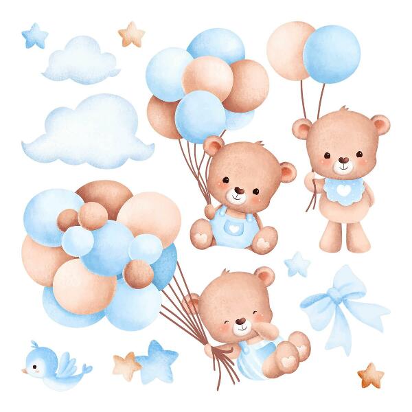 Autocollant mural 80x139 Ours en peluche mignons avec des ballons dans des tons pastel