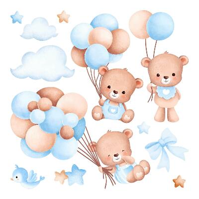 Autocollant mural 80x139 Ours en peluche mignons avec des ballons dans des tons pastel