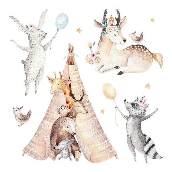 Autocollant mural 80x130 Animaux de la forêt au pastel dans un style aquarelle