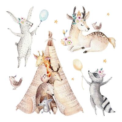 Autocollant mural 80x130 Animaux de la forêt au pastel dans un style aquarelle