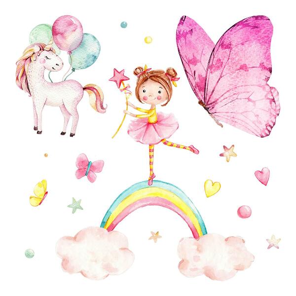 Autocollant mural 80x105 Licorne pastel avec des ballons sur un arc-en-ciel