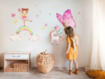 Autocollant mural 80x105 Licorne pastel avec des ballons sur un arc-en-ciel