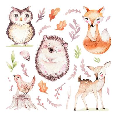 Autocollant mural 80x95 Créatures de la forêt à l'aquarelle pastel