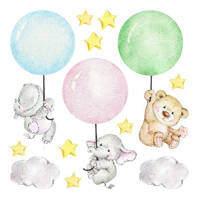 Autocollant mural 80x113 Petits animaux avec des ballons aux couleurs pastel