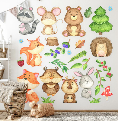 Autocollant mural 80x86 Animaux et plantes de la forêt dans un style aquarelle