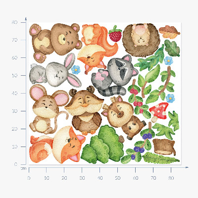 Autocollant mural 80x86 Animaux et plantes de la forêt dans un style aquarelle