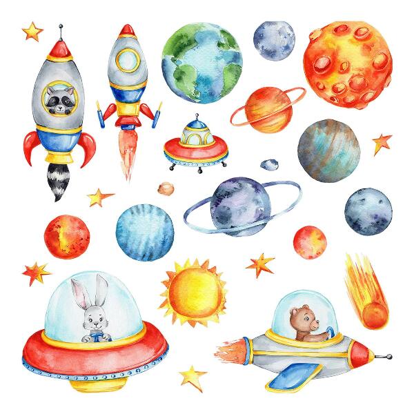 Autocollant mural 80x140 Animaux colorés dans un espace aquarelle