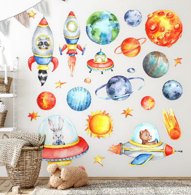 Autocollant mural 80x140 Animaux colorés dans un espace aquarelle