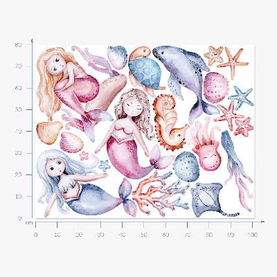 Autocollant mural 80x101 Un pays sous-marin de sirènes pastel et de faune