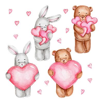 Autocollant mural 80x134 Aquarelle pastel avec des bols et des lapins dans des coeurs