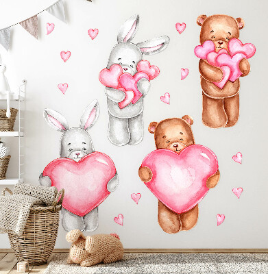 Autocollant mural 80x134 Aquarelle pastel avec des bols et des lapins dans des coeurs