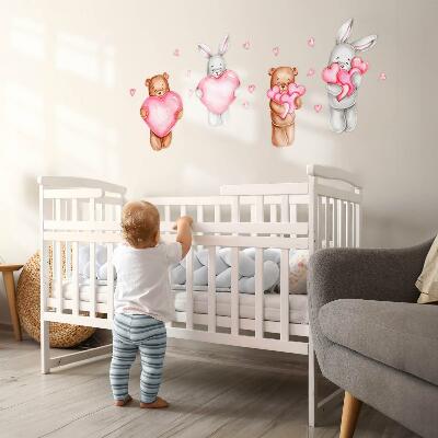 Autocollant mural 80x134 Aquarelle pastel avec des bols et des lapins dans des coeurs