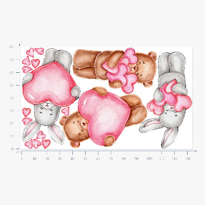 Autocollant mural 80x134 Aquarelle pastel avec des bols et des lapins dans des coeurs