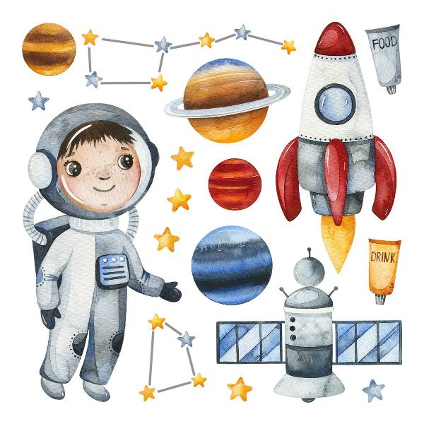 Autocollant mural 80x107 Le voyage spatial d'un petit astronaute à l'aquarelle
