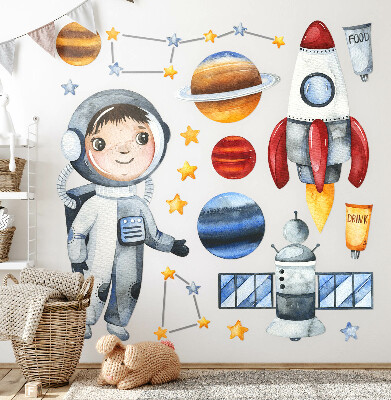 Autocollant mural 80x107 Le voyage spatial d'un petit astronaute à l'aquarelle