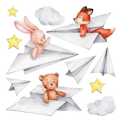 Autocollant mural 80x136 Animaux mignons dans des avions en papier