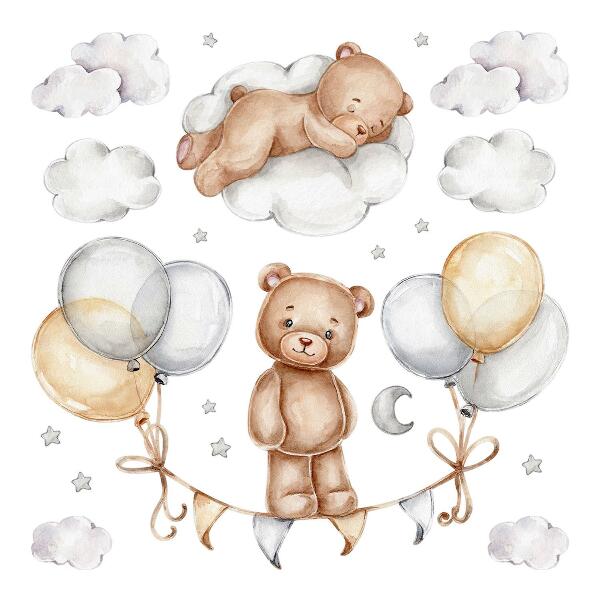 Autocollant mural 80x106 Ours en peluche dans des ballons pastel et des nuages