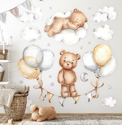 Autocollant mural 80x106 Ours en peluche dans des ballons pastel et des nuages