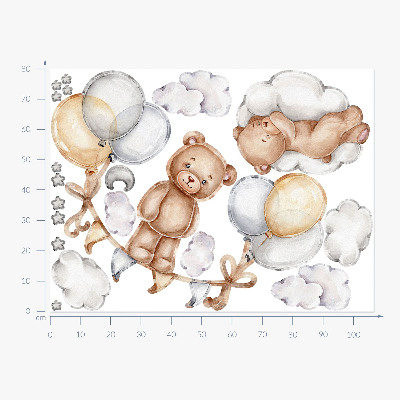 Autocollant mural 80x106 Ours en peluche dans des ballons pastel et des nuages