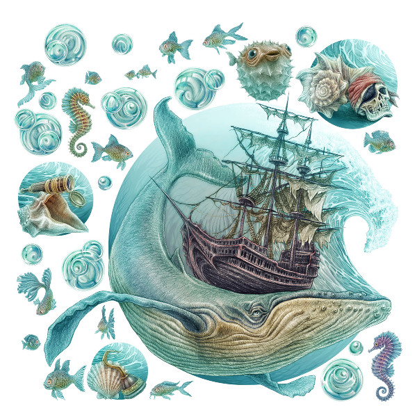 Autocollant mural 80x94 Royaume sous-marin avec un navire de dessin animé