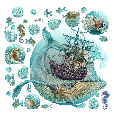 Autocollant mural 80x94 Royaume sous-marin avec un navire de dessin animé