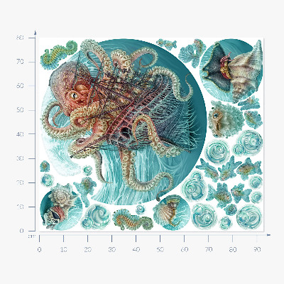 Autocollant mural 80x93 Le monde marin féerique des pieuvres et des navires