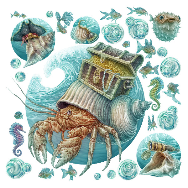 Autocollant mural 80x84 Terres sous-marines de crabes au style pastel