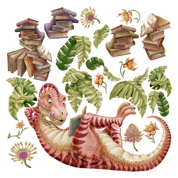 Autocollant mural 80x119 Dinosaure rouge avec des dessins et des fleurs