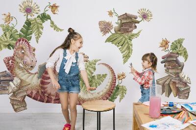 Autocollant mural 80x119 Dinosaure rouge avec des dessins et des fleurs