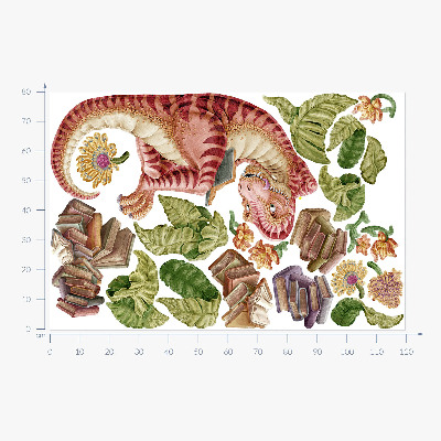 Autocollant mural 80x119 Dinosaure rouge avec des dessins et des fleurs